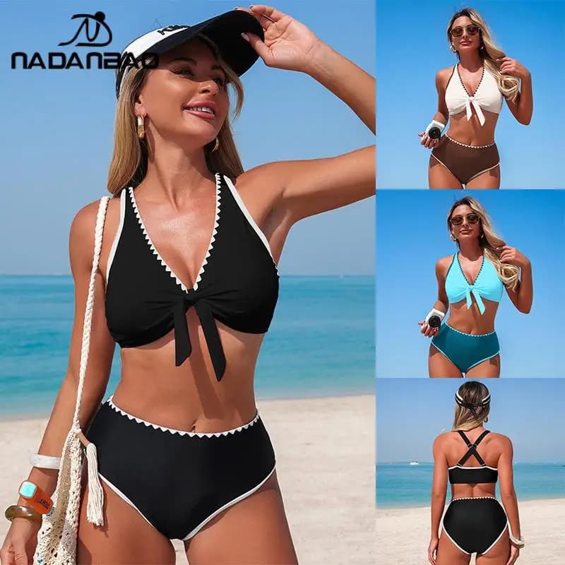 Bikini Sexy Nadanbao con Schiena Incrociata per Donne, Costume da Bagno Elastico a Vita Media ad Asciugatura Rapida, Abbigliamento Sportivo Estivo per Spiaggia e Mare
