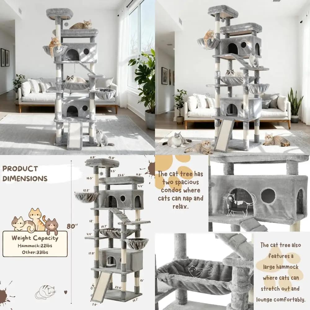 Grande torre per gatti da 80 pollici con graffette multiple, posatoi, grotte, cestini, scale, amaca e pompon per gatti