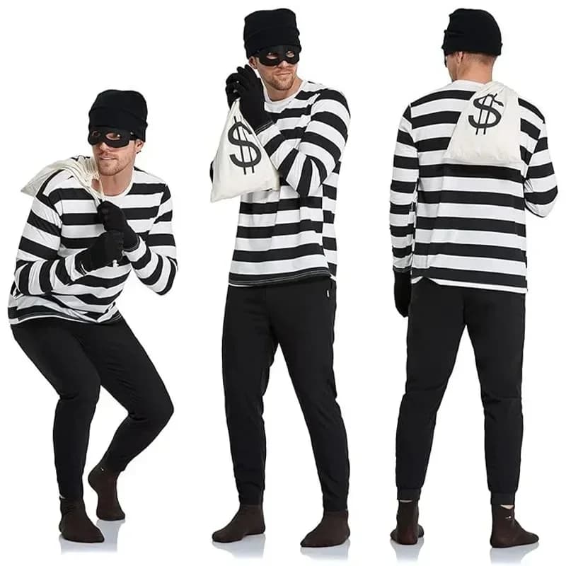 Convict Thief Cosplay Costume Women Stripe Top Stocking Knitted Hat Gloves Canvas Bag Eye Mask Prisoner Carnival Party Outfit