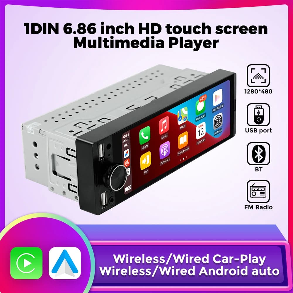 1DIN Universale MP5 6,86 pollici Supporto autoradio Carplay wireless Android AUTO AUX USB SWC BT Schermo tattile Lettore video multimediale