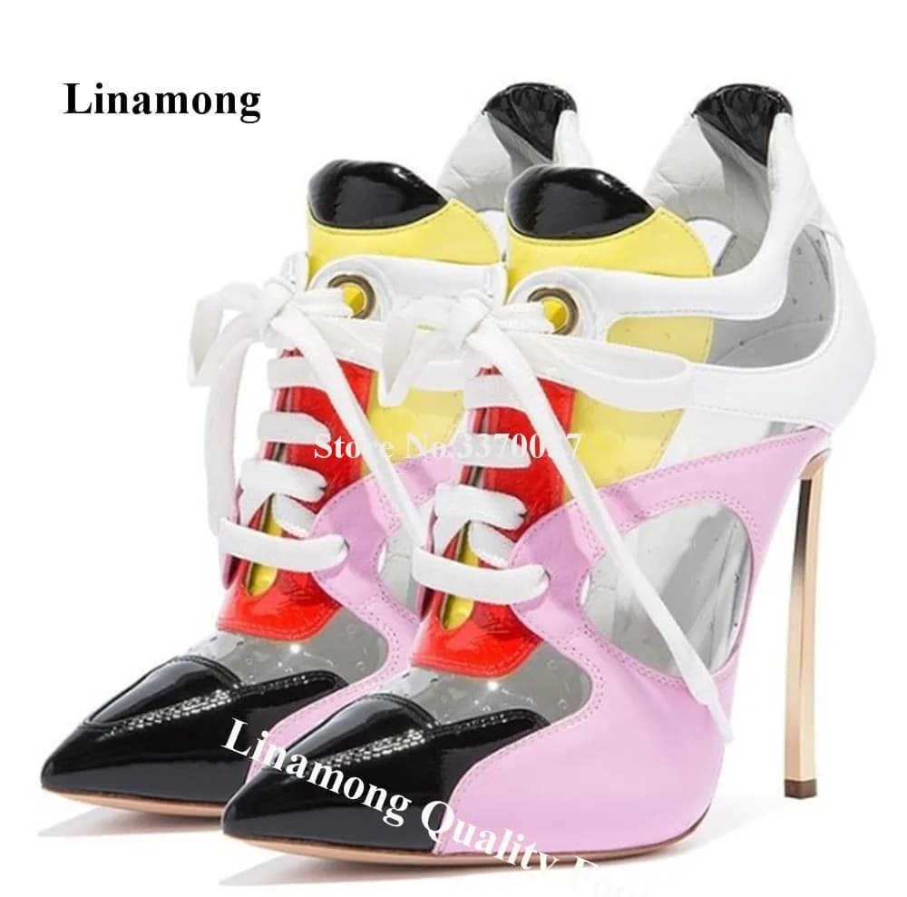 Linamong Stivaletti corti con tacco a spillo in metallo patchwork in PVC trasparente rosa nero Stivaletti alla caviglia con tacco sottile stile unico con lacci