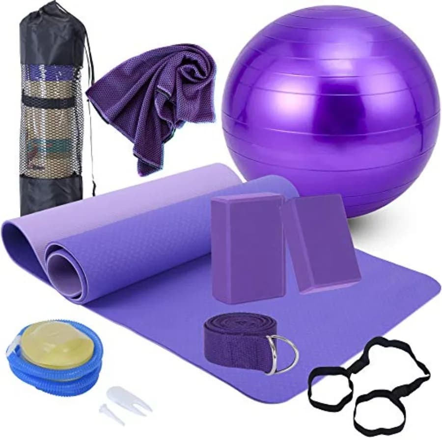 Kit Yoga per Principianti - Set da 11 Pezzi con Blocchi Yoga, Cinghia, Palla, Tappetino, Tracolla, Borsa a Rete, Asciugamano Rinfrescante
