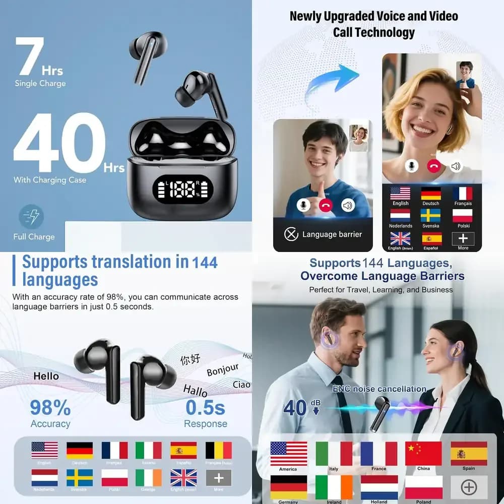 Auricolari AI UYUXIO TWS Translators for iPhone and Android with 144 Online Languages, Real Time Translation