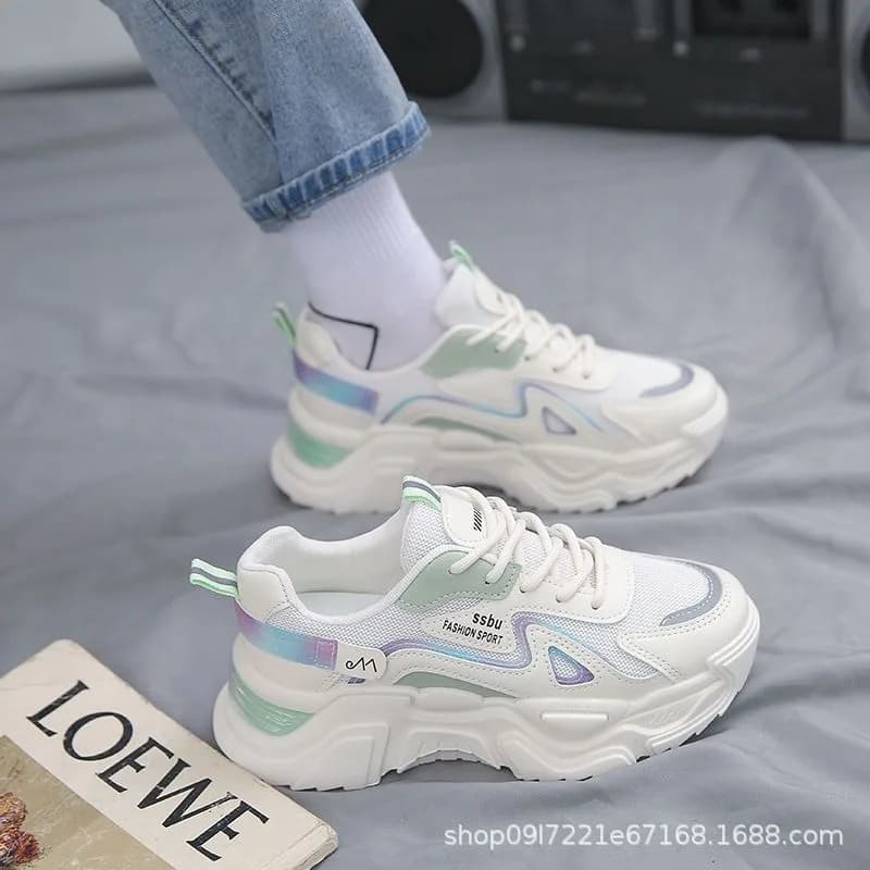 New Spring Autumn Ladies Low-top Thick-soled Sneakers Mesh Dad Shoes Women Adult Lace-up Soft-soled Running Casual White Shoes