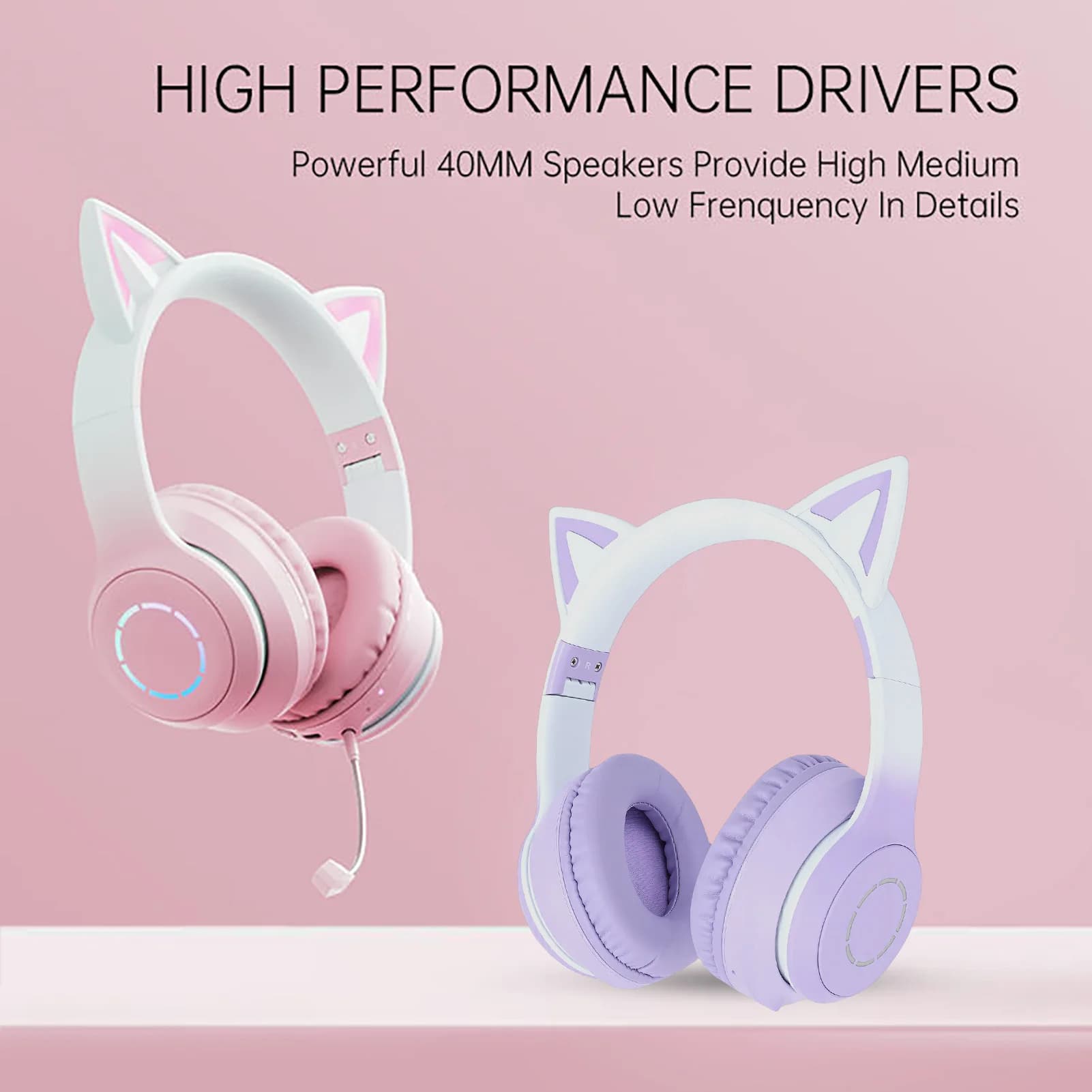 Bluetooth 5.3 Headset Cute Ear Wireless Gaming Headphone with LED Light 3.5mm AUX Cable Detachable Microphone Foldable