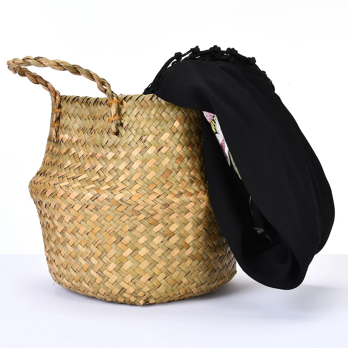 Seagrass Natural Fabric Container Handmade Foldable Clthoes Clown White Basket Vimini Rattan Storage Box Flowers Bag