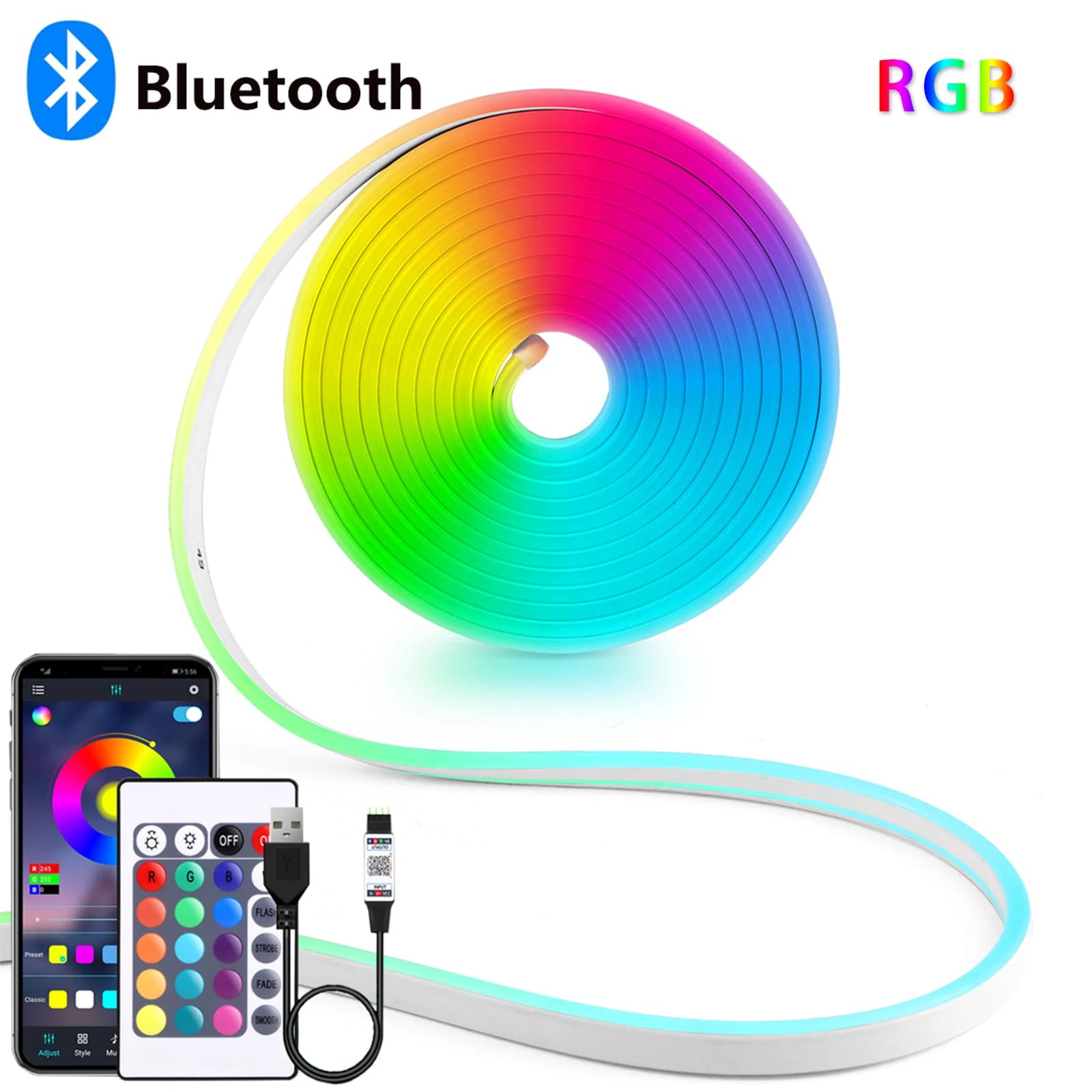 Striscia LED al neon DC5V USB RGB, 1/2/3/4/5M IP65 Striscia al neon impermeabile App Bluetooth e telecomando per illuminazione decorativa al neon