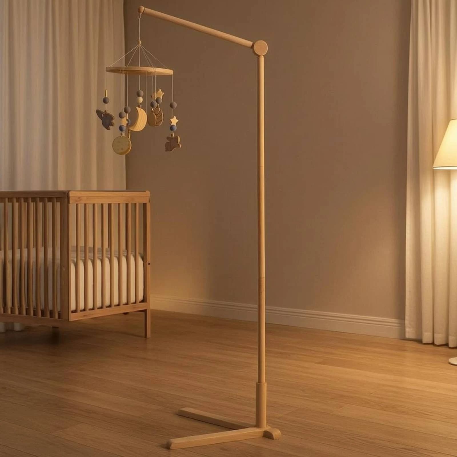 Wooden Crib Mobile Stand Three-Leg Base Floor Standing Mobile Stand Nursery Furniture Tall Upright Minimal Design