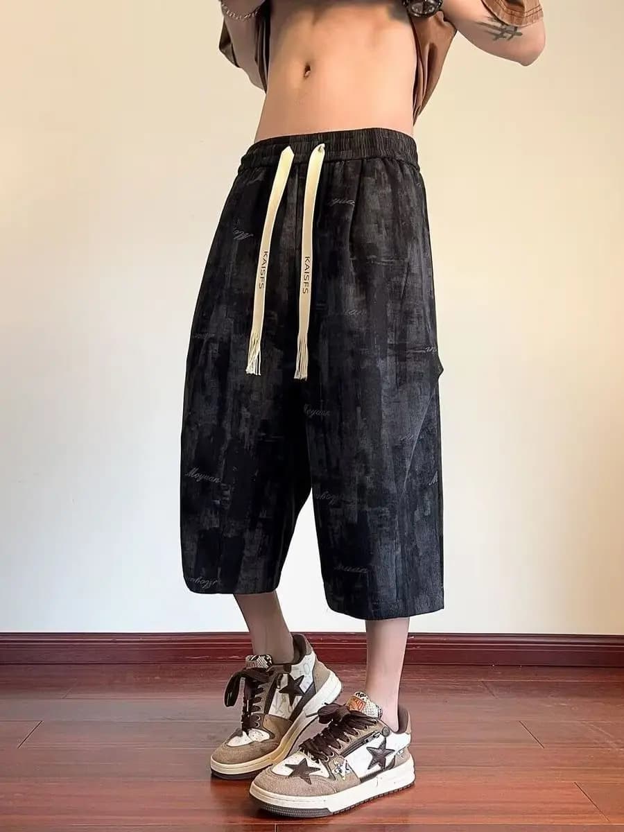 Pantaloni Americani Tinti a Sette Quarti Casual da Uomo, Leggings Sottili Estivi Stile Inchiostro d'Acqua, Pantaloni Larghi a Gamba Larga a 7/8
