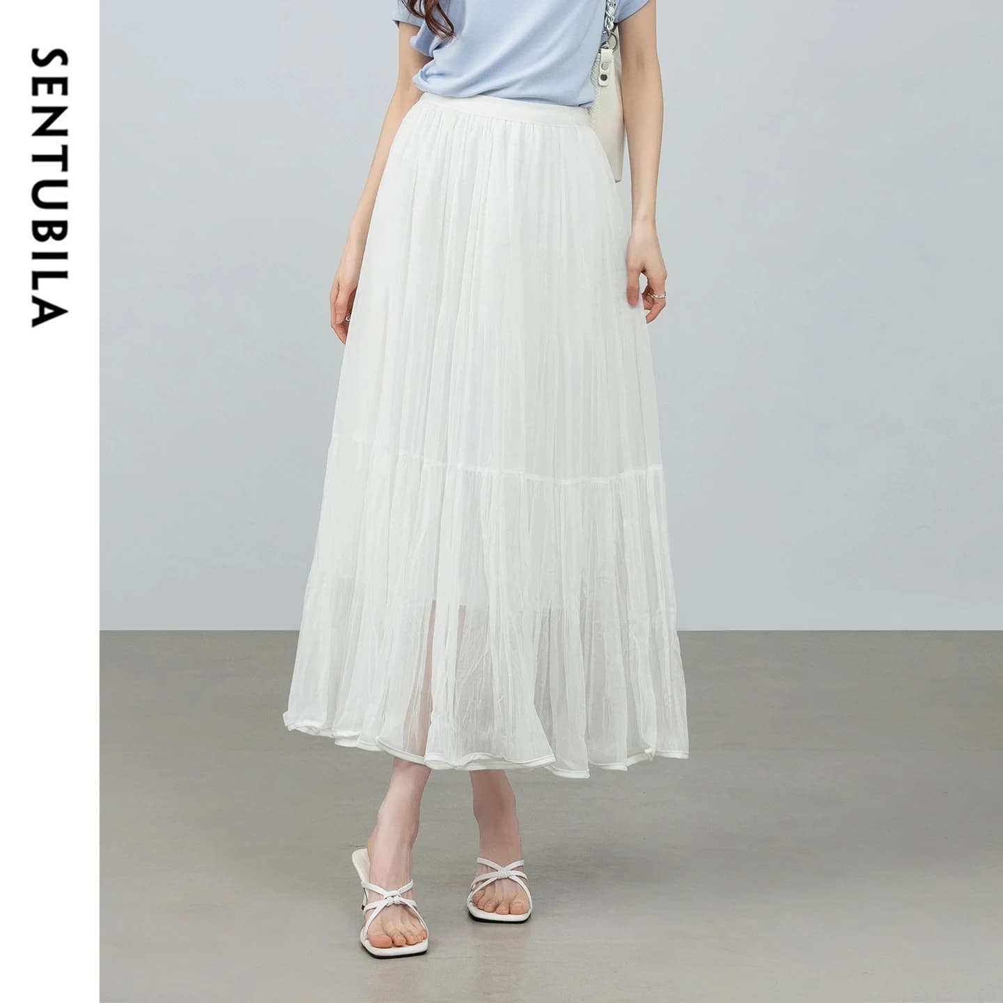 Gonna a vita alta a trapezio da donna SENTUBILA, nuova collezione primavera 2026, elegante gonna midi in tulle testurizzato bianco con elastico in vita per l'ufficio W61QG5987