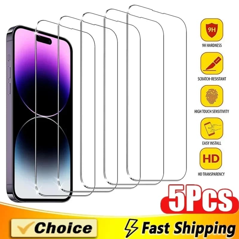 5 pezzi di vetro temperato per iPhone 16 15 14 13 12 11Pro Max protezione dello schermo per iPhone 6 7 8 Plus X XS Max XR pellicola protettiva in vetro
