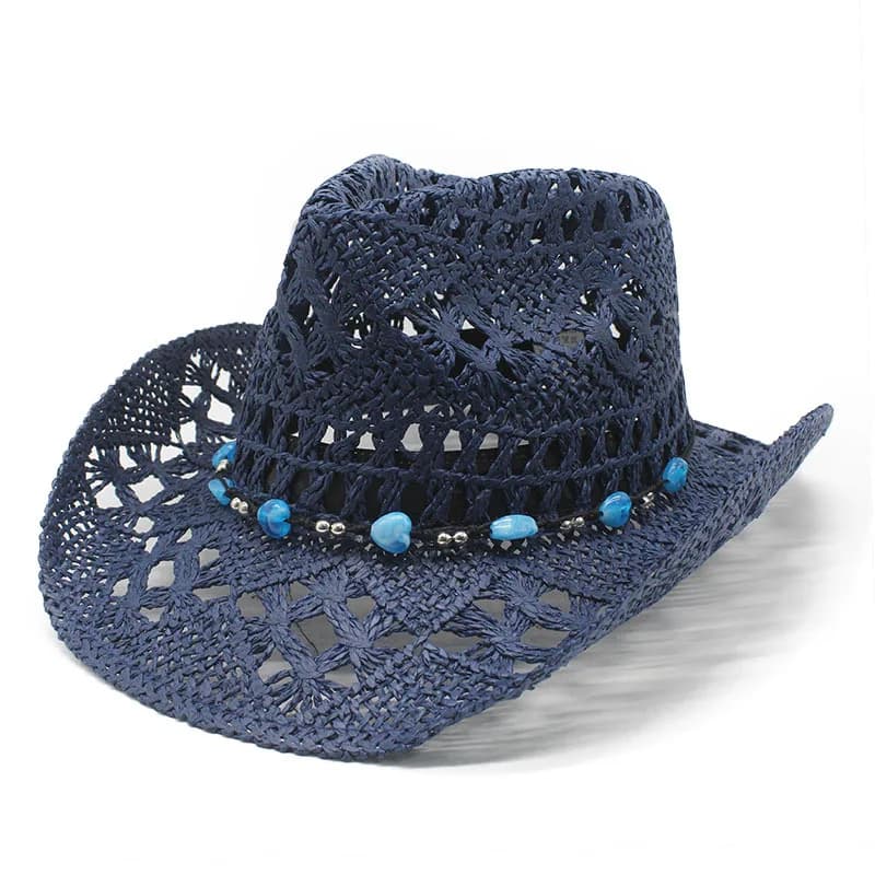 Nuovo Cappello da Cowboy in Paglia Intrecciata a Mano, Perline Blu, Tesa Arrotolata, Cappello Estivo da Spiaggia
