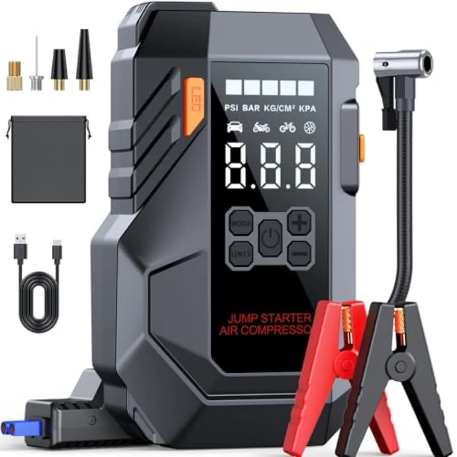 Avviatore di Emergenza Portatile 10-in-1 con Compressore d'Aria, 6000A 26800mAh 160PSI, per Tutti i Motori a Benzina/Diesel 12V