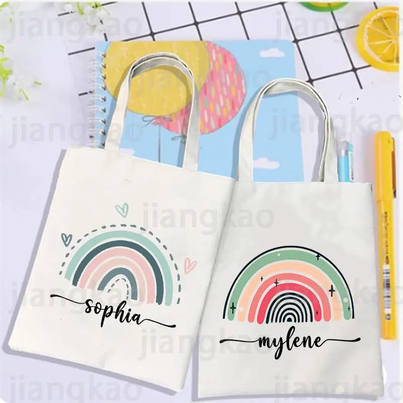 Arcobaleno personalizzato con nome Borsa a tracolla Borse di tela personalizzate Borsa da viaggio da donna Borse per libri estetiche Harajuku riutilizzabili Regali