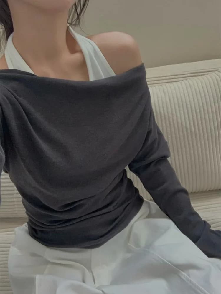 TINA2026 Early Spring Design Sense Hanging Neck False Two-Piece Long Sleeve T-Shirt Women Elegant Slimming Top Fashionable