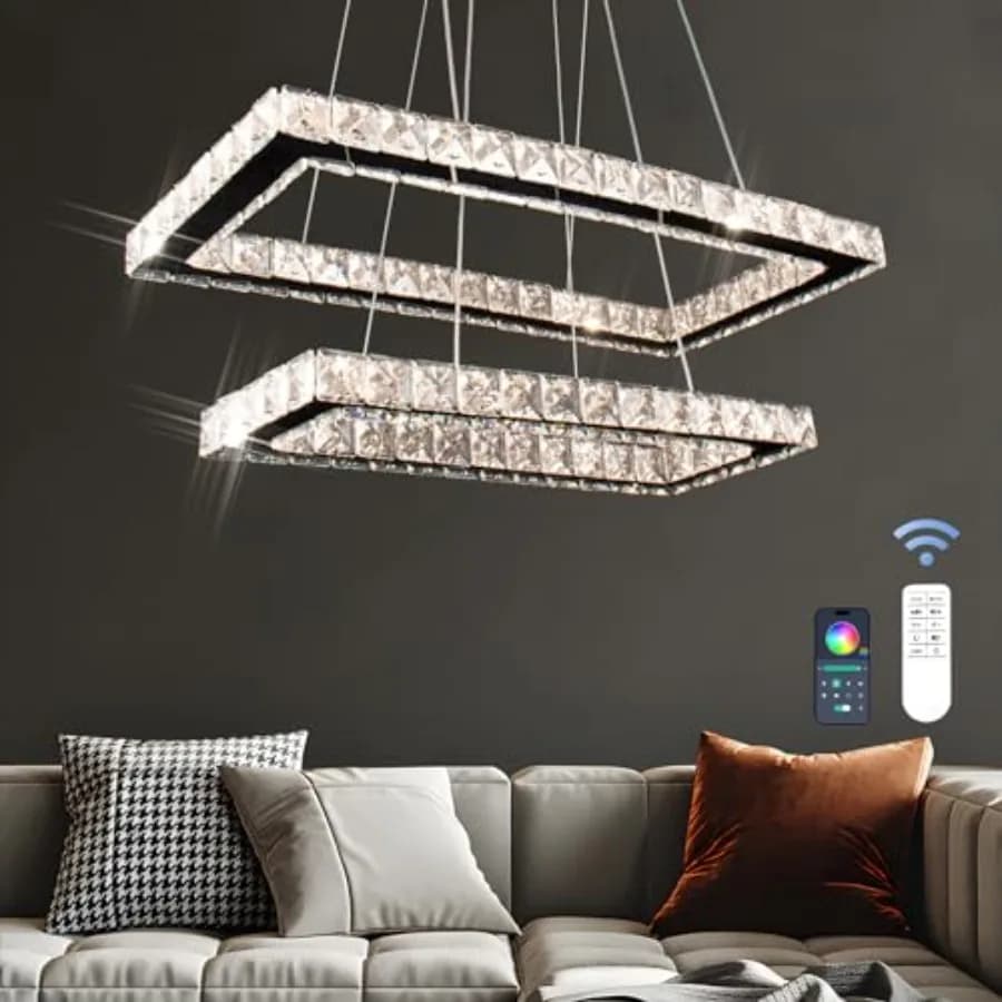 Lampadario in Cristallo Moderno Rettangolare a 2 Anelli con Luce LED, Telecomando e Controllo App, Altezza Regolabile 20,5"+17"