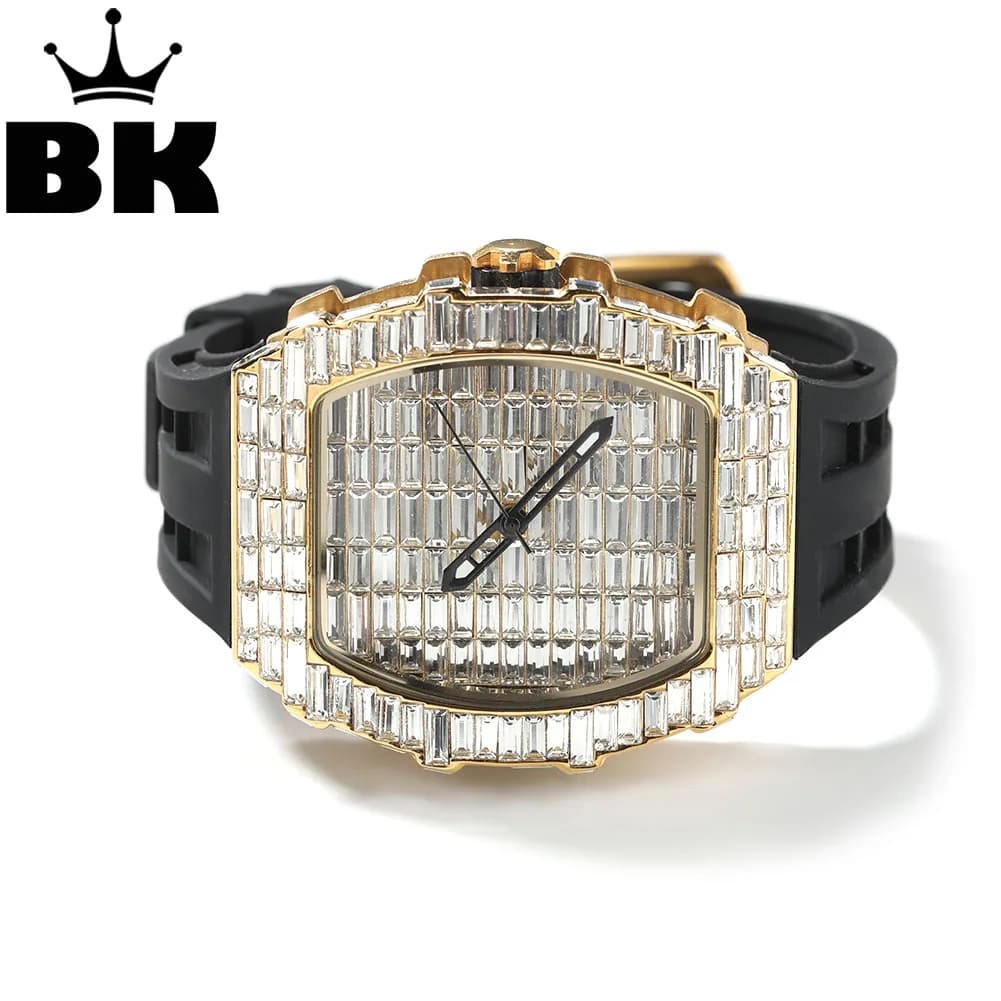 THE BLING KING Full Iced Out Baguette Stones Square Watch With Silicone Strap Luxury Design Fashion Quartz Clock For Women Men