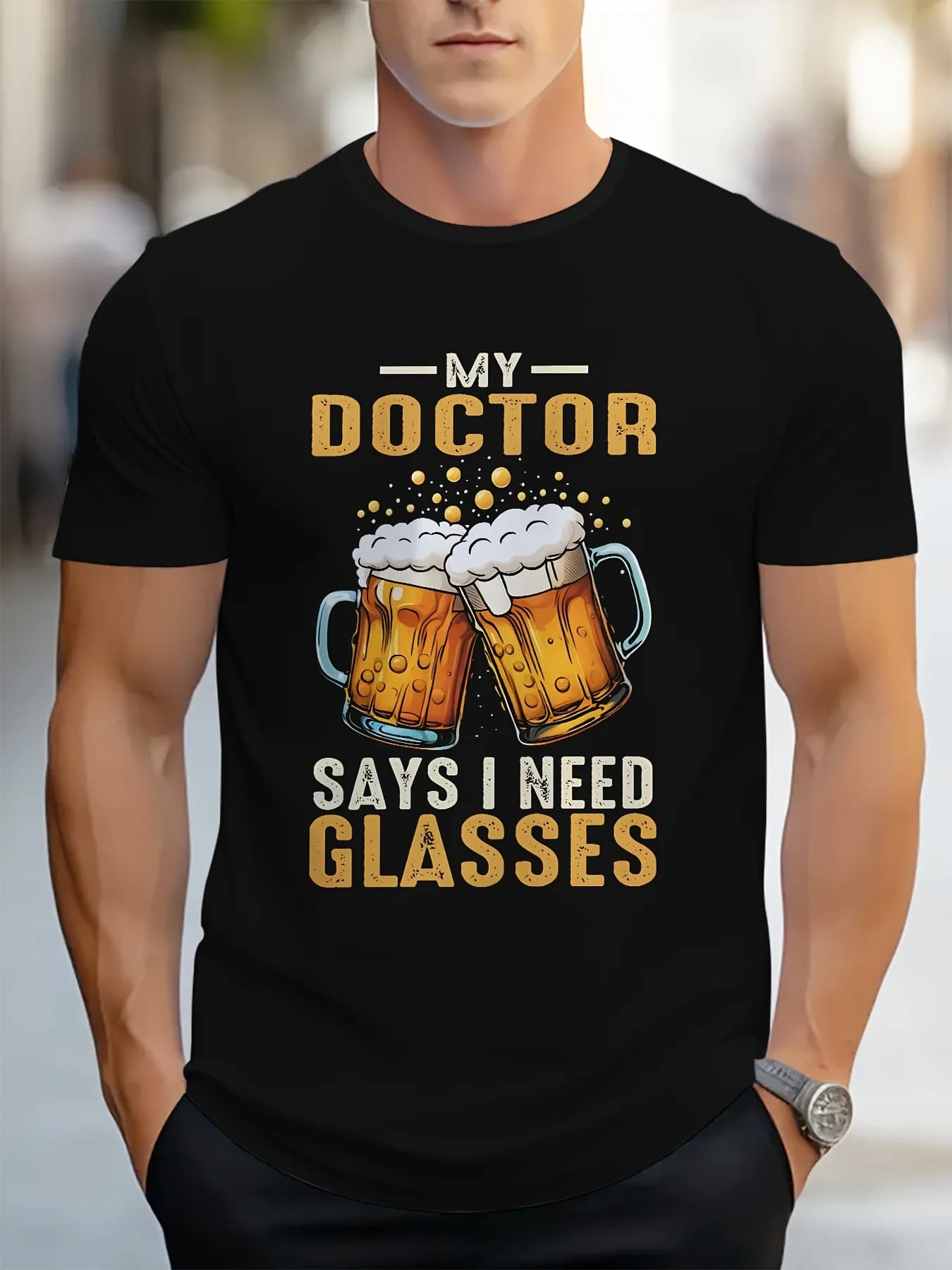 T-shirt divertente da uomo con slogan Beer & Doctor - Il mio dottore dice che ho bisogno di occhiali con stampa di tazze da birra, maglietta casual girocollo per feste