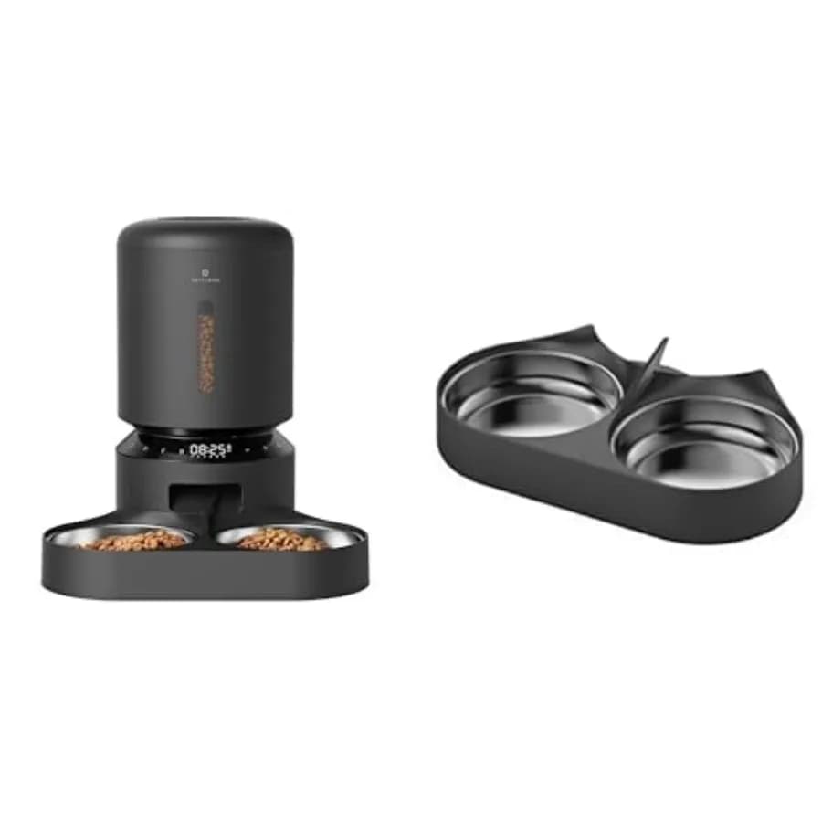 Distributore Automatico di Cibo per 2 Gatti, Dispenser per Alimenti Secchi da 5L con Ciotole in Acciaio Inox e Separatore Cibo per Animali Domestici, Doppio Vassoio di Ricambio G