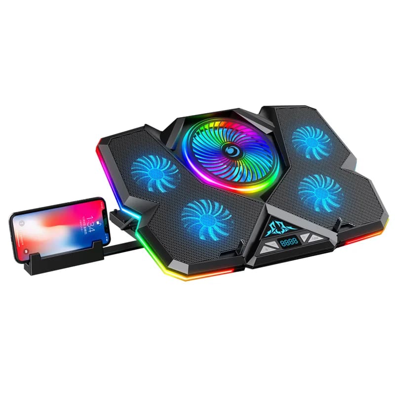 Gaming RGB Laptop Cooling Pad 5 Silent LED Fans Powerful Air Flow Portable Adjustable Laptop Stand USB Interface Cooling Fan
