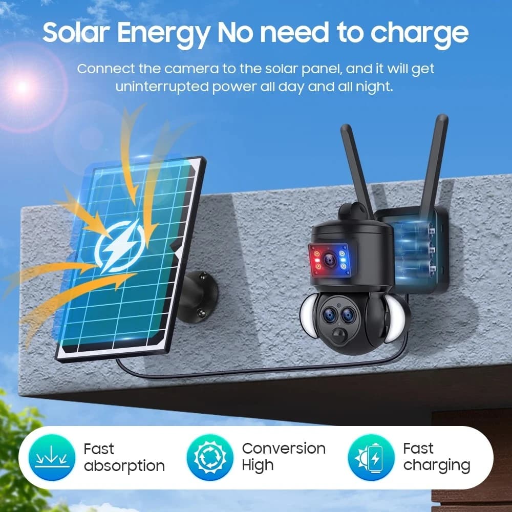2025 NUOVA telecamera solare da 6 MP 4G 15X Zoom doppia schermi WIFI 8W Pannello solare di sicurezza Batteria a tre obiettivi Telecamera IP PTZ PIR