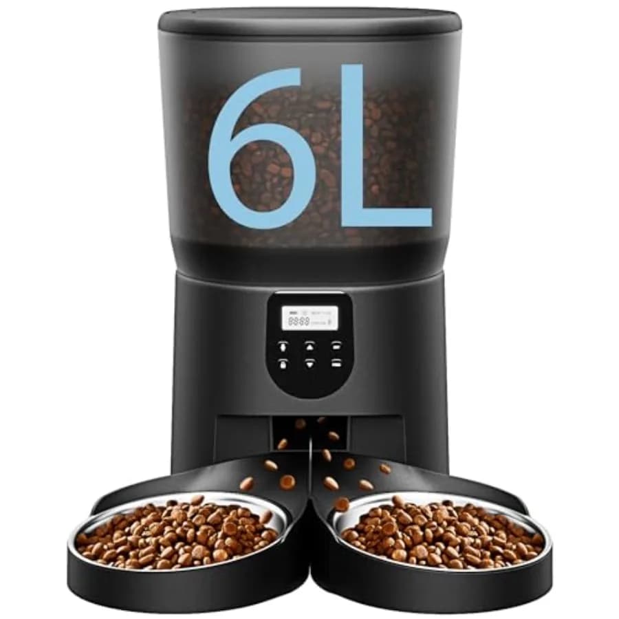 Distributore Automatico di Cibo per 2 Gatti, Dispenser da 6L/25 Tazze con 2 Ciotole in Acciaio Inox, Timer Programmabile con 10 Impostazioni di Pasto