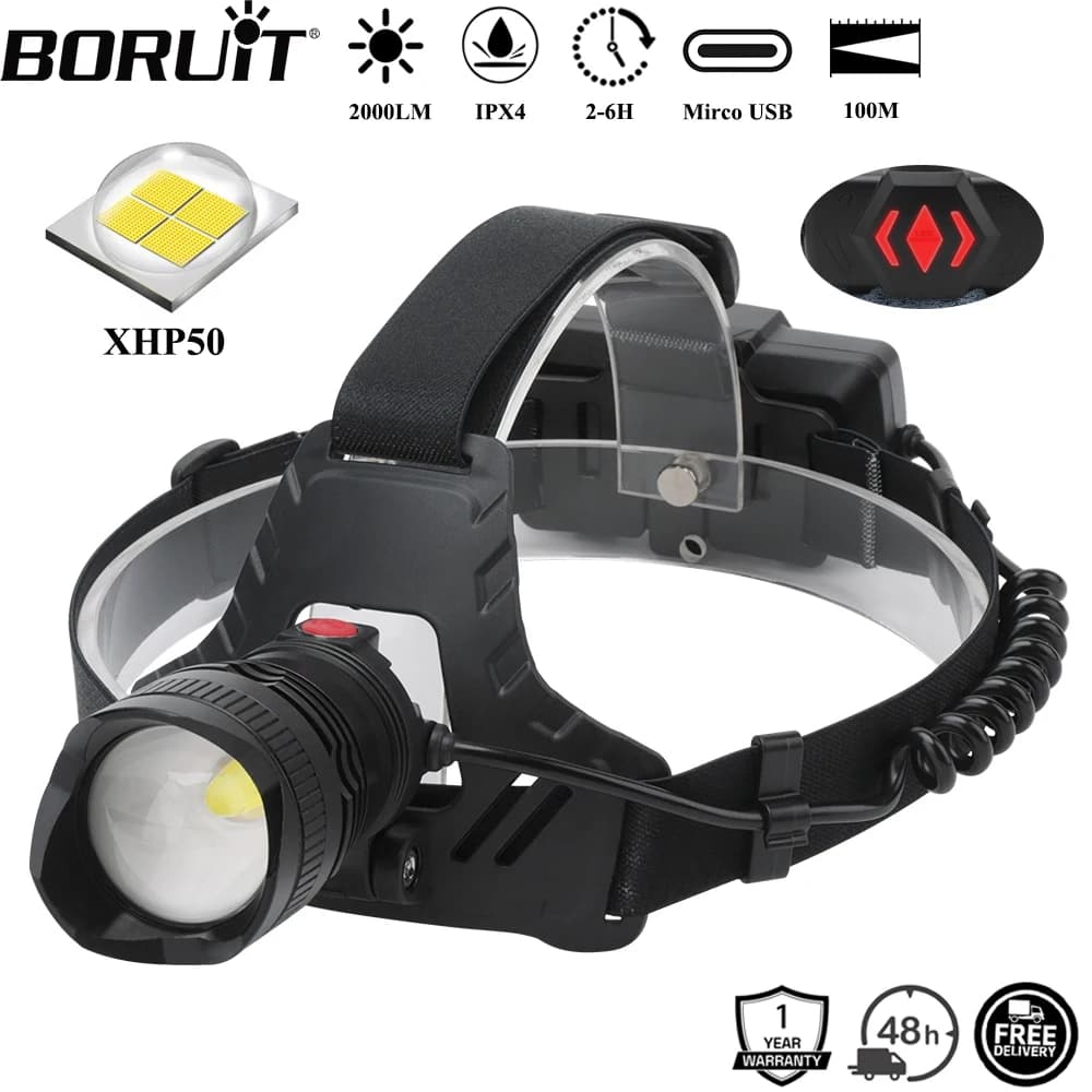 BORUiT 2000LM XHP50 LED Zoomable Headlamp Mirco USB Rechargeable Headlight Waterproof Camping Fishing Head Torch