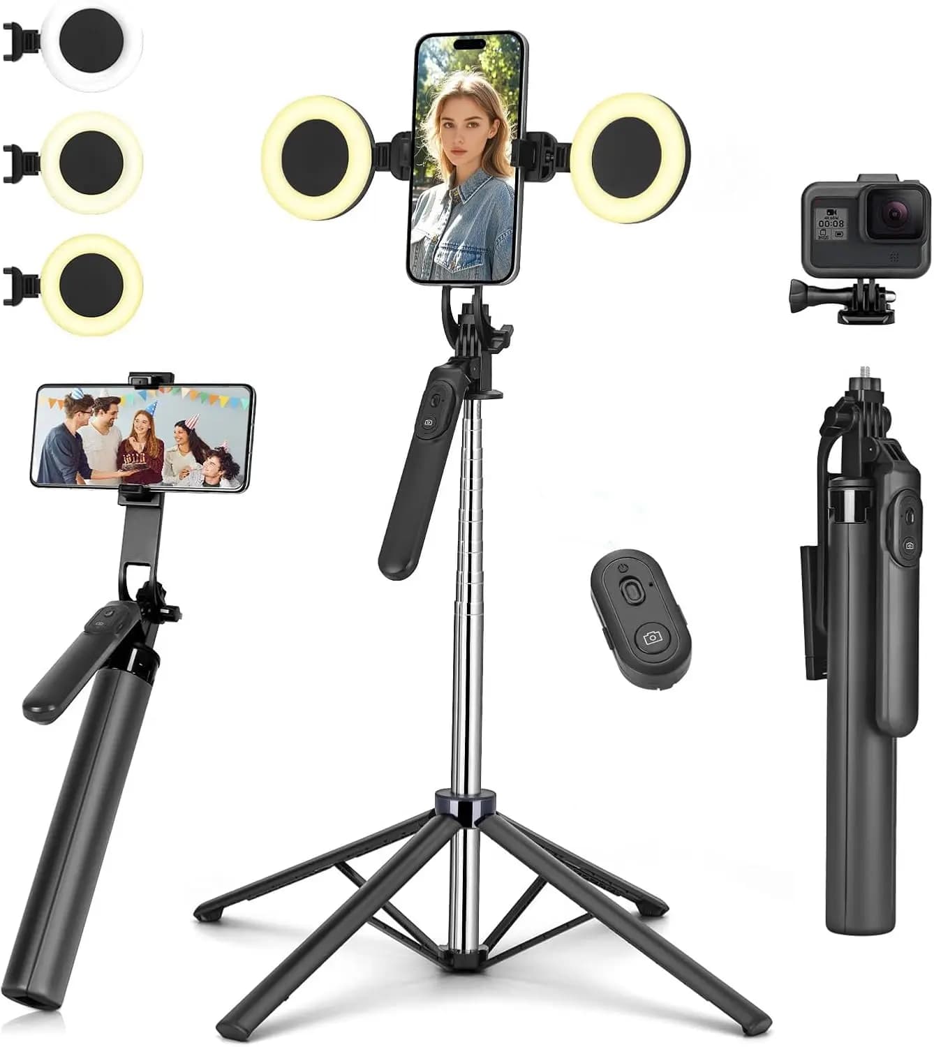 Treppiede per selfie in metallo da 70 pollici con luce LED e telecomando wireless per iPhone, Android e GoPro per la registrazione video
