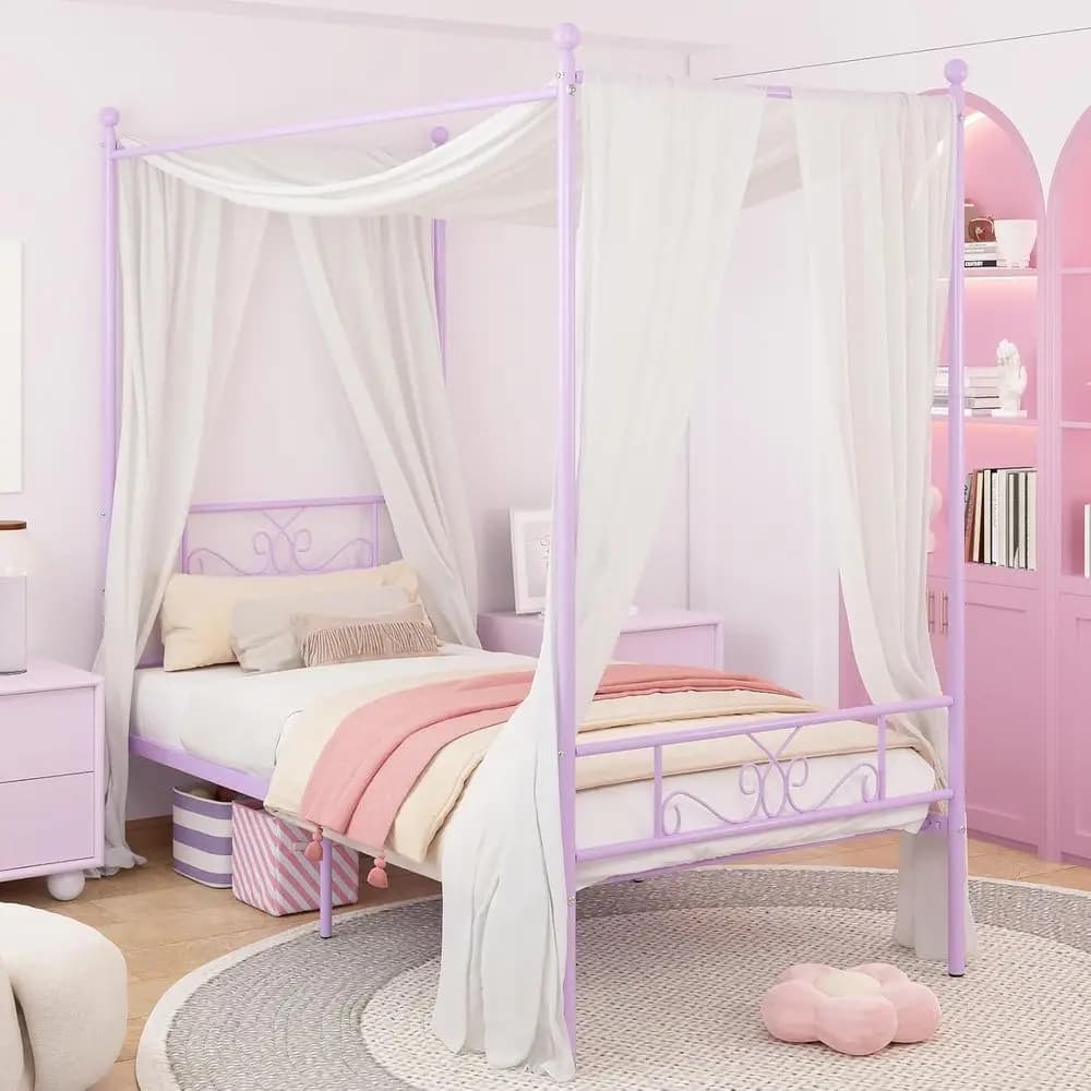 Single bed with Headboard and Pediera, 4-mounted Metal Structure, Mattress Base, Purple