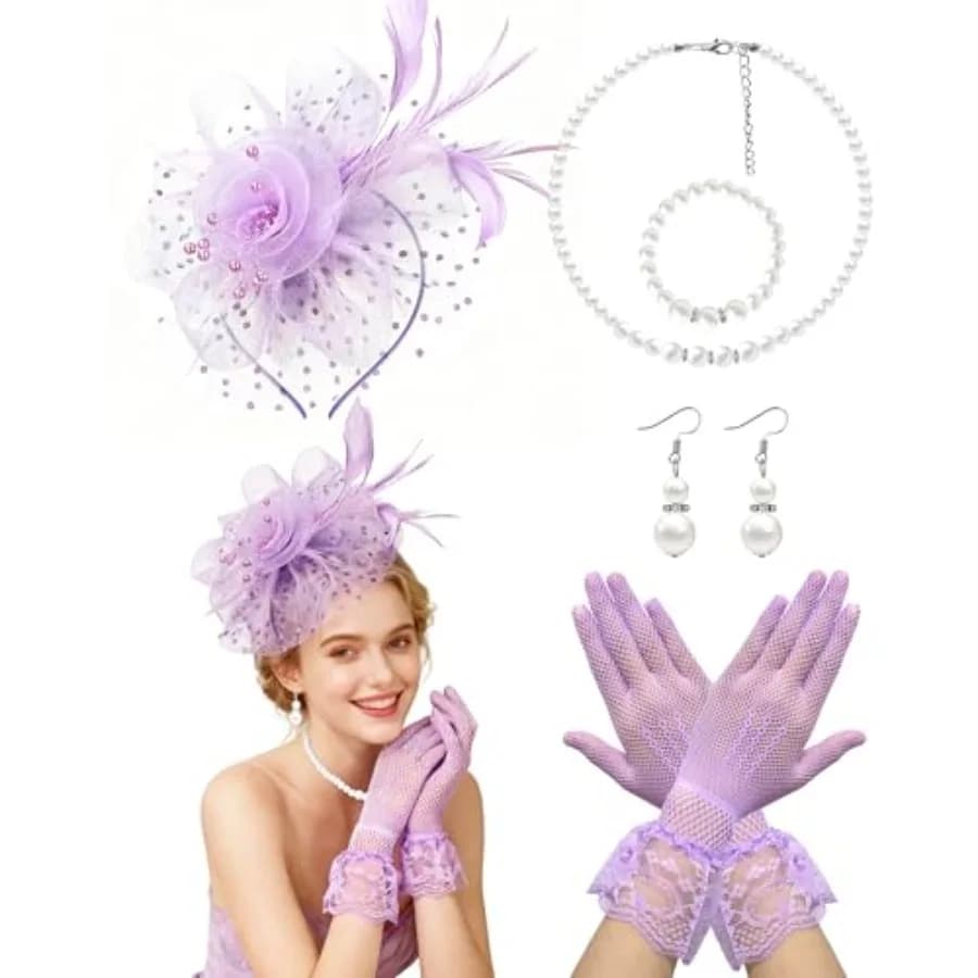 1920s Vintage Fascinators Hat Set for Women Tea Party Hats Veil Mesh Feather Headband Lace Gloves Set