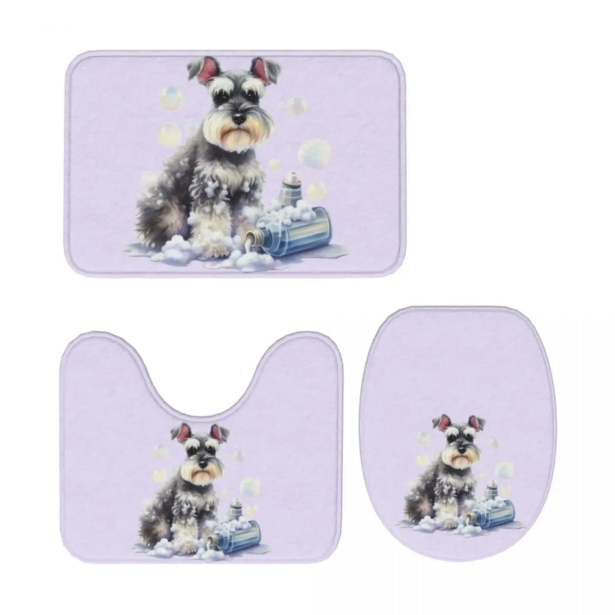 Bagno Schnauzer in miniatura con bolle Tappetino da bagno in 3 pezzi Set da bagno Copriwater Decorazioni per la casa Tappeto antiscivolo
