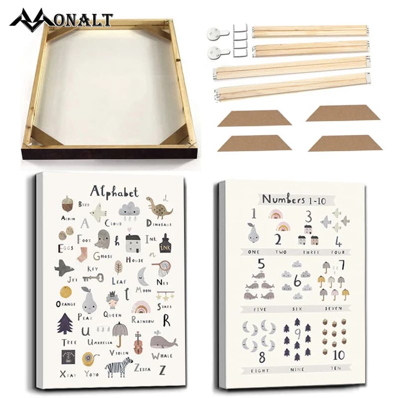 Poster on canvas Alphabet Number Wall Art Canvas Painting with frame Nursery Montessori Education Poster Stamps Children's Wall Image