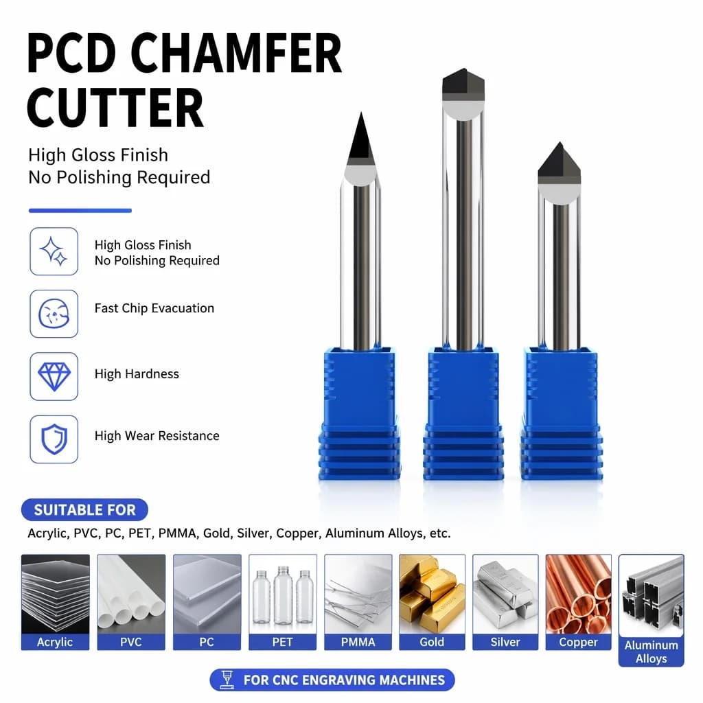 3PC 4MM-20MM PCD Polycrystalline Diamond Milling Cutters High Finish Chamfer Cutting Tool CNC Router Bit Set for Metal Engraving