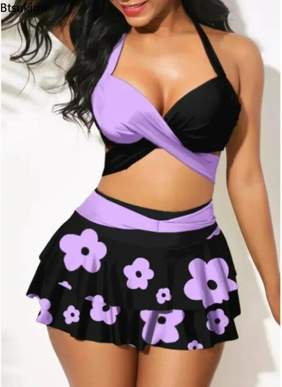 Costume da bagno estivo da donna 2026, bikini push-up a 2 pezzi, set sportivo a vita alta con gonna copricostume, taglie S-3XL