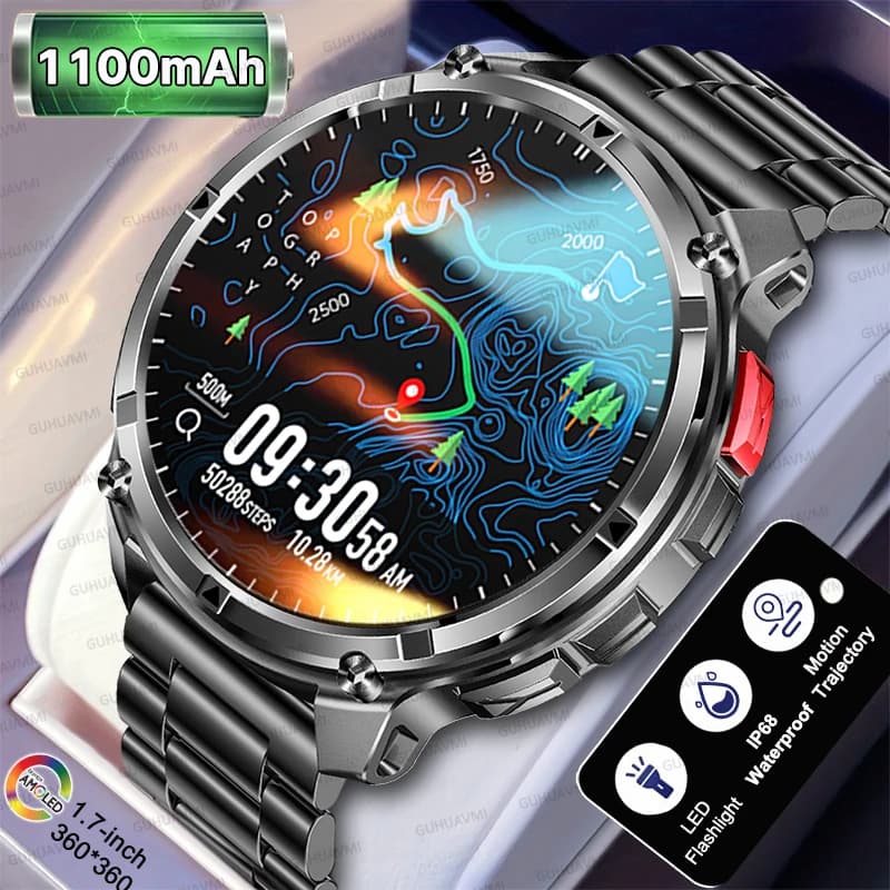 2026 TANK Nuovo Smartwatch GPS Dual-Band con Batteria a Lunga Durata da 1100mAh, Impermeabile 10ATM, Torcia LED, Orologio Sportivo da Esterno di Grado Militare