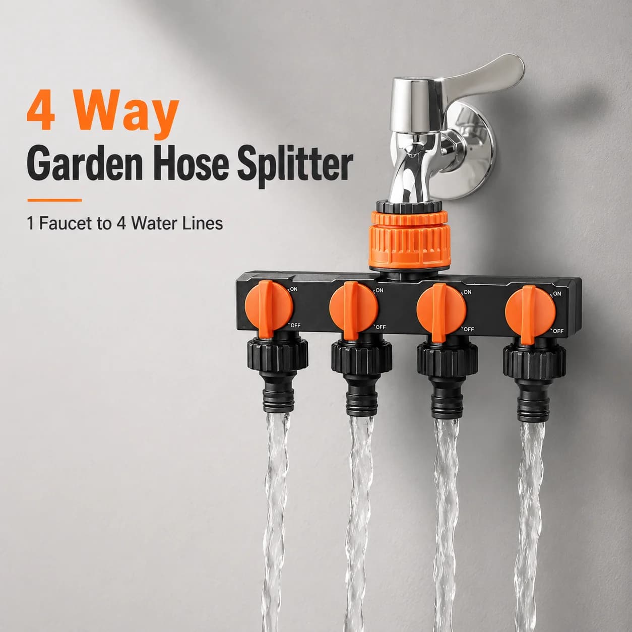 Distributore d'acqua a 4 vie per tubo da giardino con valvole di intercettazione, connettore per rubinetto di irrigazione