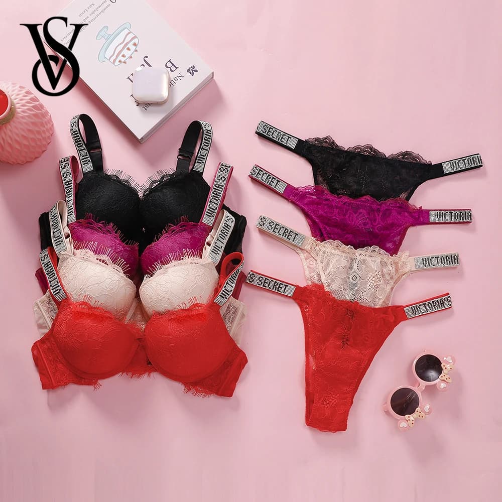 Nuovo set lingerie Victoria's Secret push-up modellante, regolabile, imbottito, con pizzo arricciato, reggiseno e slip sexy da donna, confortevole.