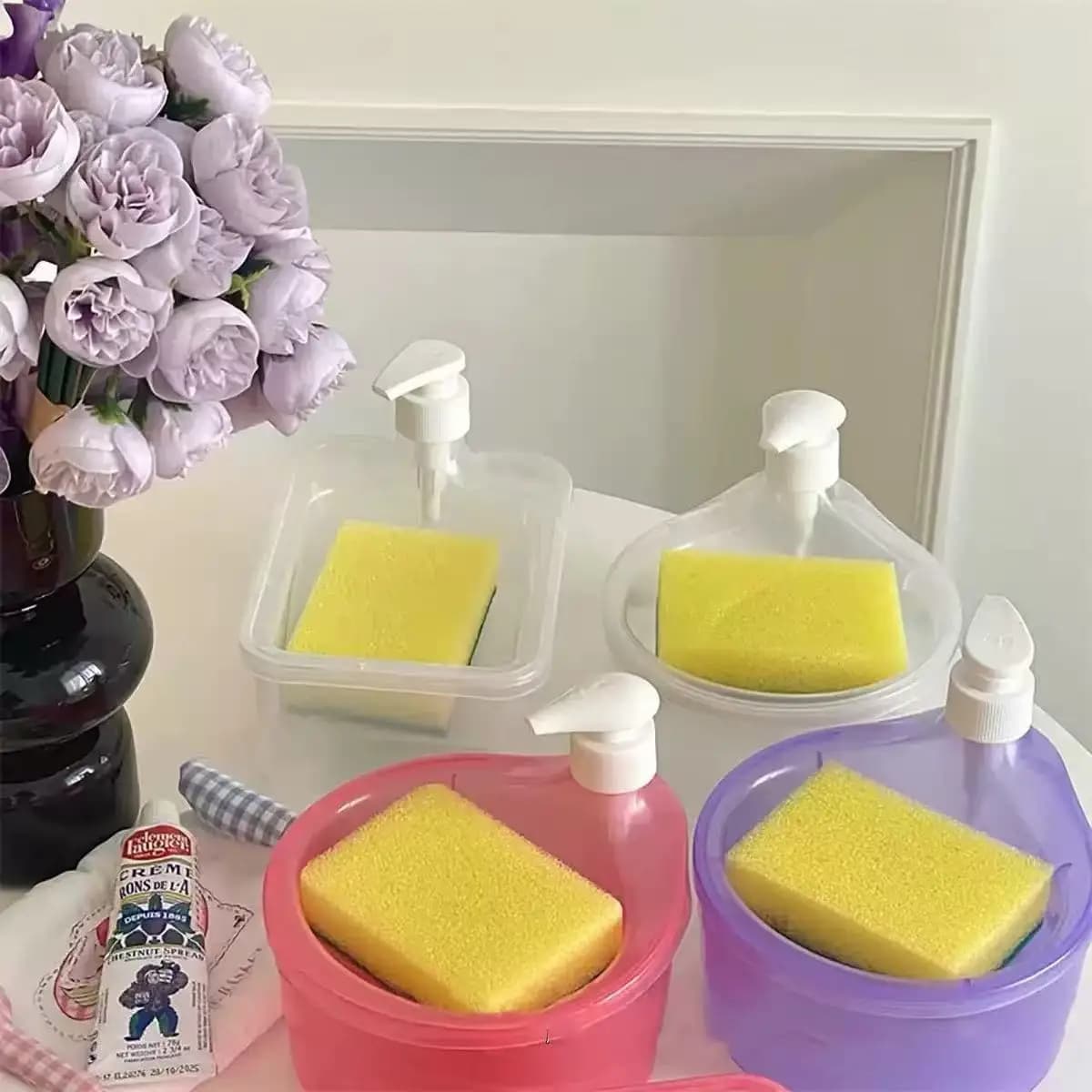 Dispenser di Sapone 2 in 1 con Contenitore, Erogatore di Detersivo per Piatti da Cucina, Accessori per Cucina