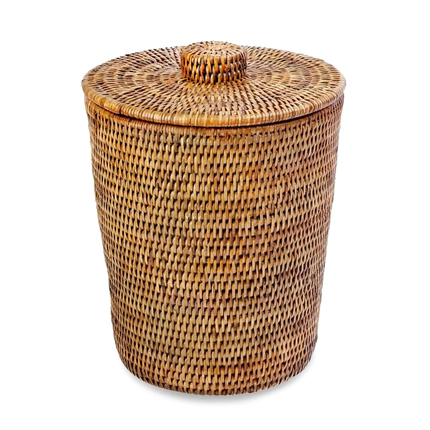 Round Woven Rattan Waste Basket with Lid and Plastic Insert for Bathroom, Kitchen, Office, Living Room and Home Decor Use