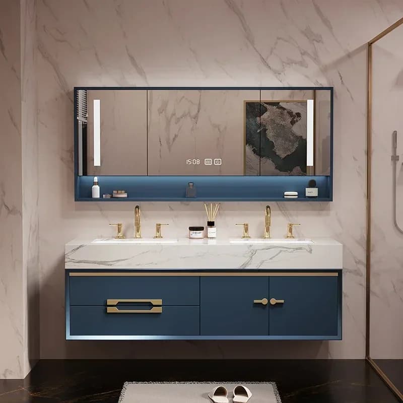 Mobiletto Multiuso con Armadietti Aperti e Chiusi, Salvaspazio per Bagno e Cucina, con Doppio Lavabo e Cassetti