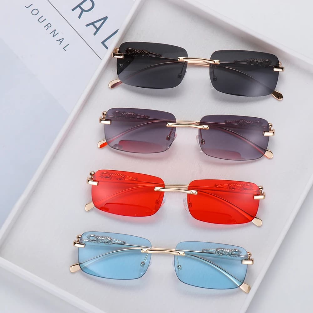 Occhiali da sole rettangolari senza montatura alla moda per donna uomo Retro Cheetah Decoration Clear Ocean Lens occhiali da sole Shades UV400 Eyewear