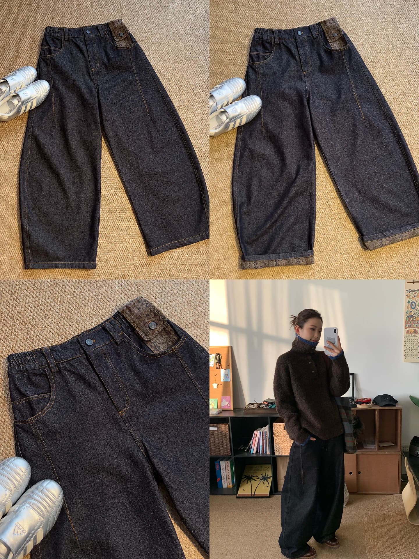 Jeans Larghi in Denim da Donna, Nuovo Design Primavera 2026, Stile Etnico a Taglio Curvo, Pantaloni Lunghi Casual Comodi a Vita Alta
