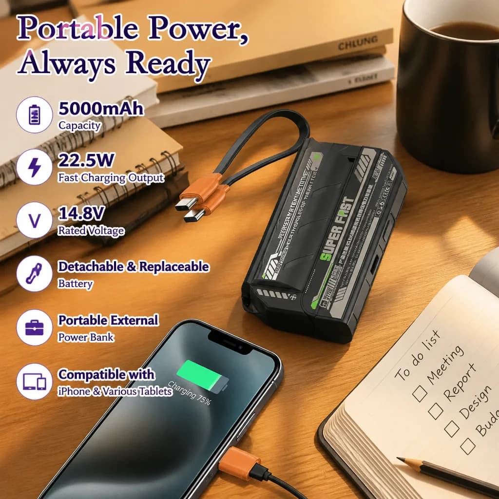5000mAh 22.5W 14.8V Portable Power Bank Removable Replaceable Battery Pack Fast Charging External Battery For iPhone Tablet