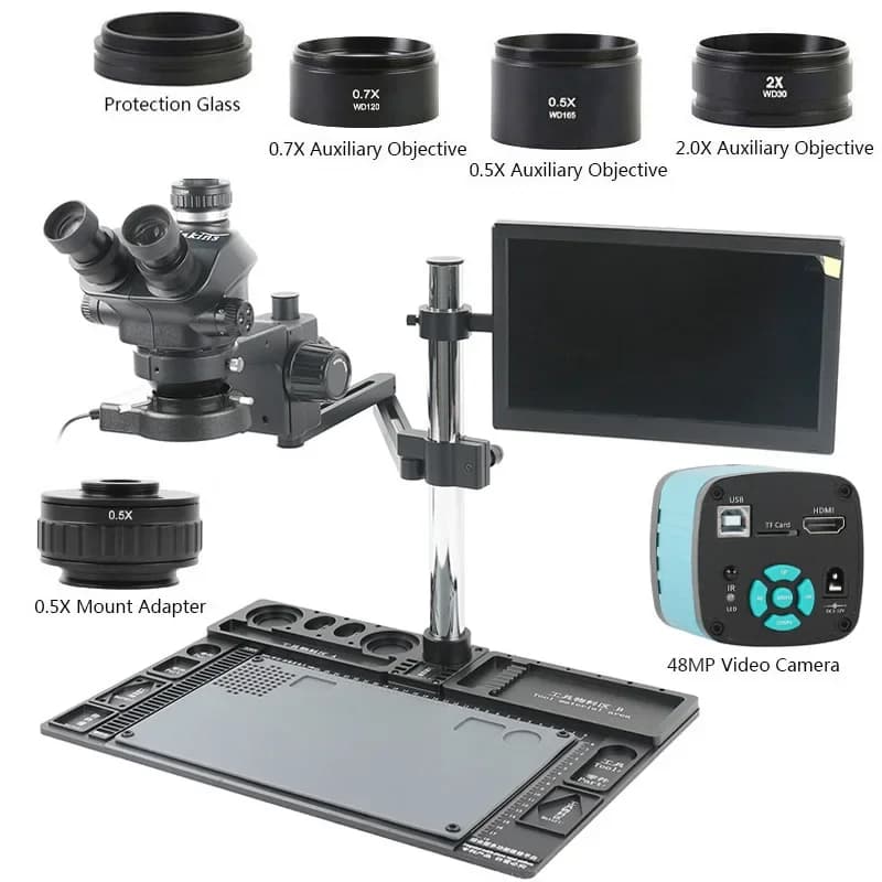 7X-100x PCB Solder Industry Microscopy Trinocular Stereo 48MP Camera Foldable Arm Support Aluminum Alloy Base Kit Monitor 11.6 Inch
