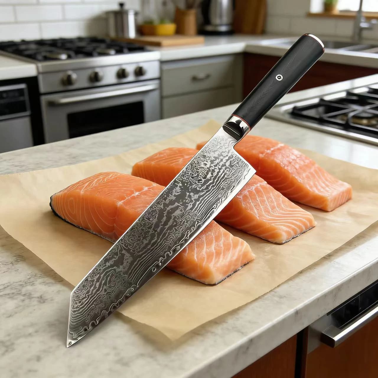 Coltello Kiritsuke da 8 Pollici in Acciaio S35VN, Lama in Acciaio Damascato, Manico in G10, Coltello da Chef per Affettare Verdure, Carne e Uso in Cucina