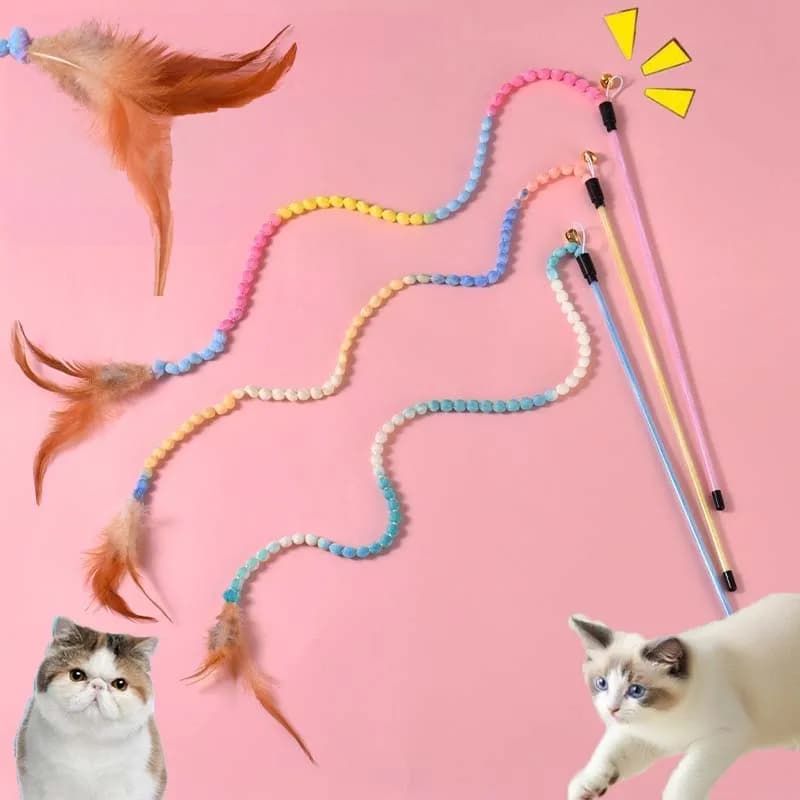 Gatto Teaser Stick Piuma Squeaky Bell Giocattolo per gatti Nodo Resistente ai morsi Giocattolo per gattini Interattivo Stuzzicare Masticare Pulizia dei denti Giocattolo per gatti