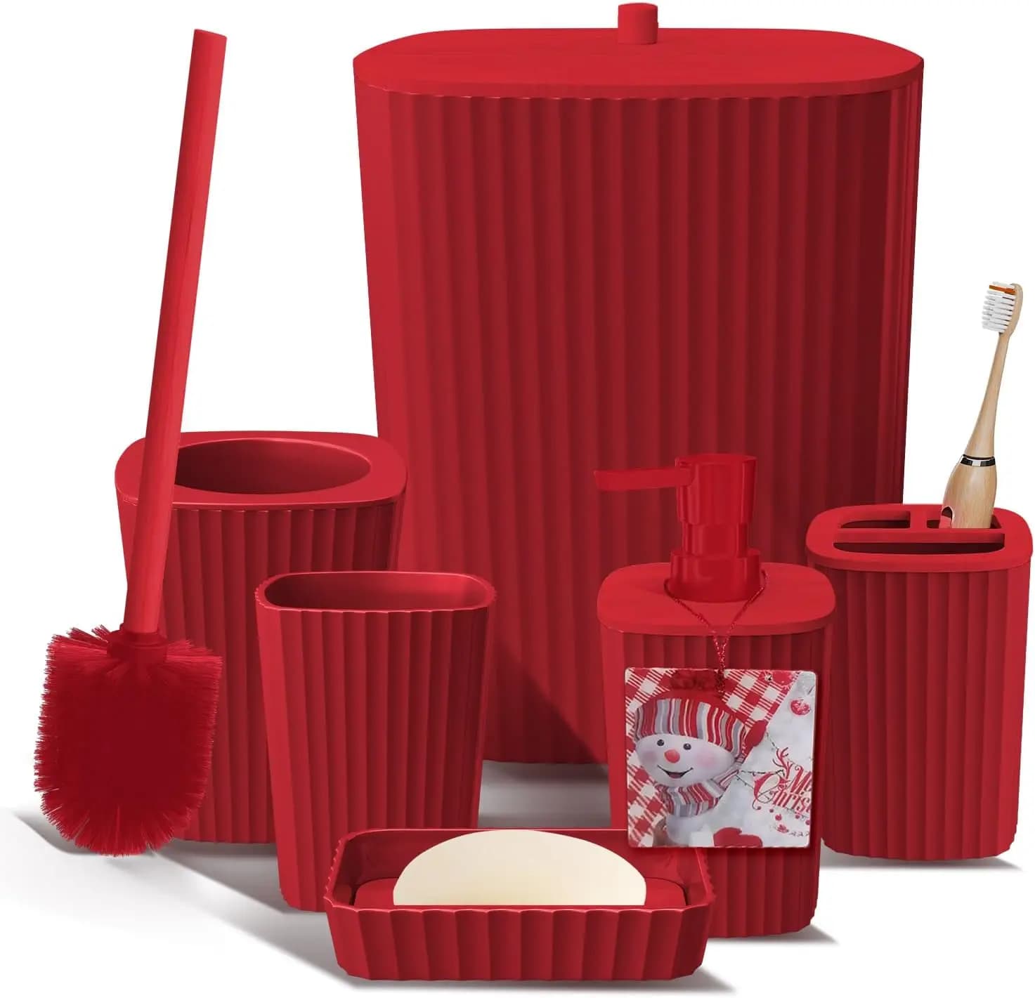 Set da Bagno Natalizio - Set di 6 Accessori con Spazzola per WC, Cestino e Dispenser Sapone per Decorazioni Festive