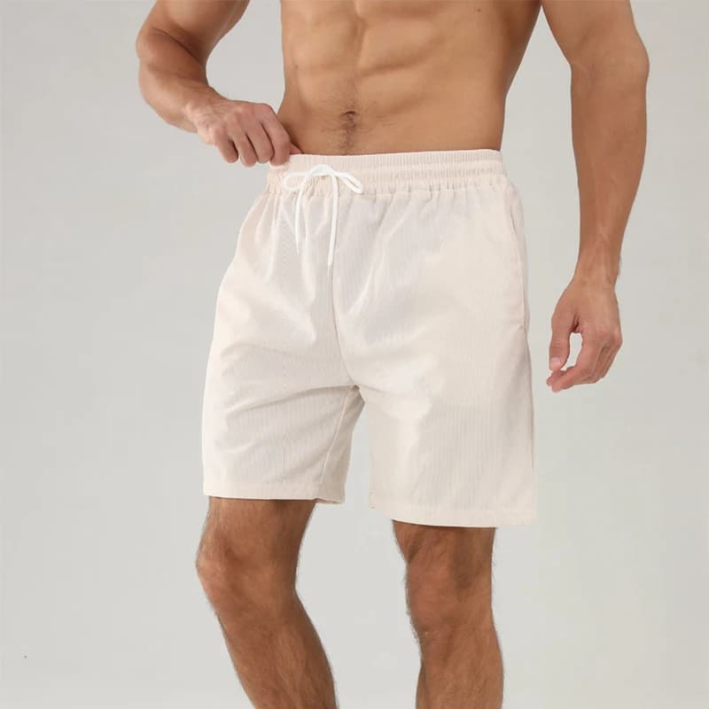 02Men's summer casual shorts featuring a solid color design with lace-up closure, sport running stripes, and straight-leg fit.