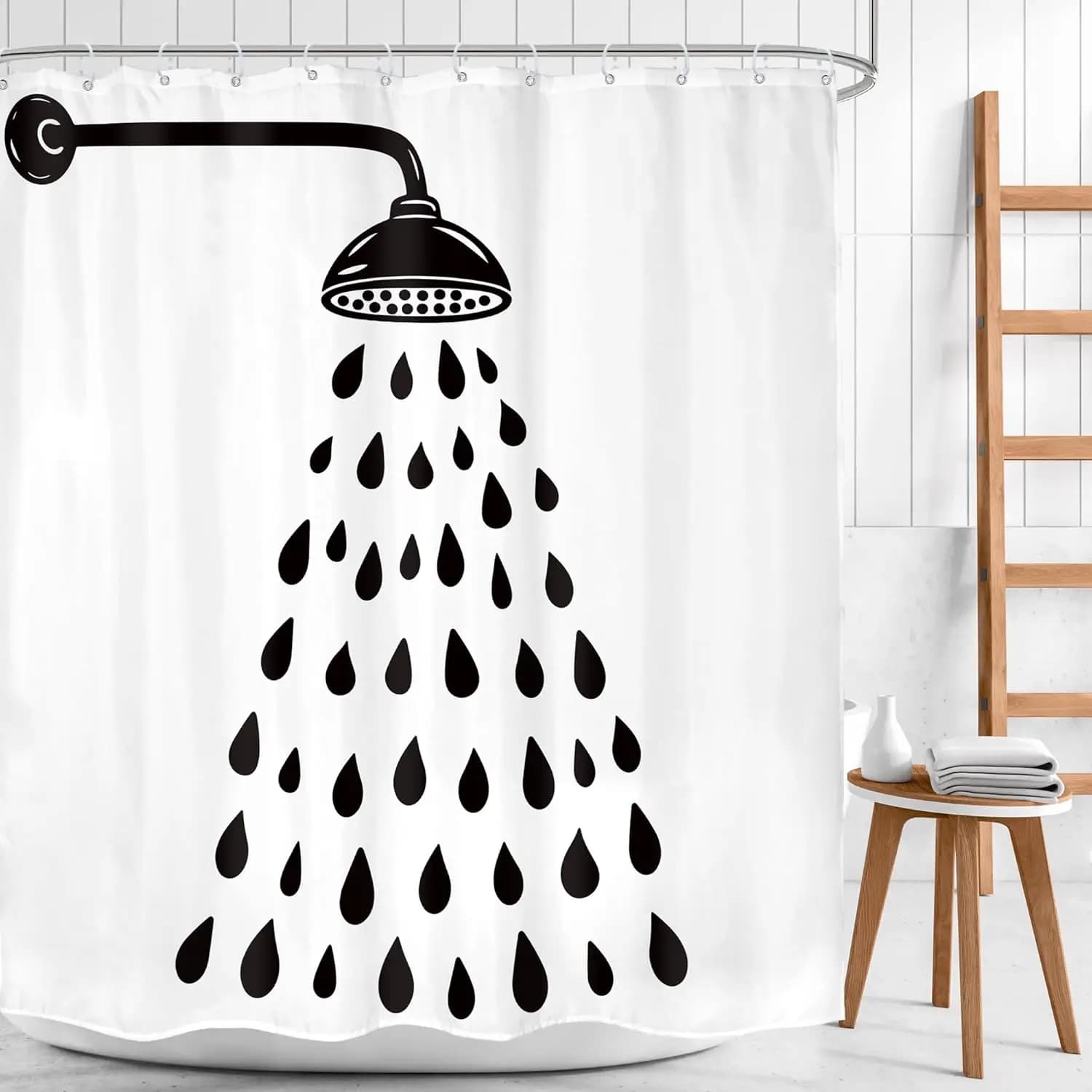Tenda da doccia in bianco e nero, divertente divertimento per bambini carino goccia d'acqua moderna semplice sagoma minimalista arredamento per il bagno bagno dei cartoni animati