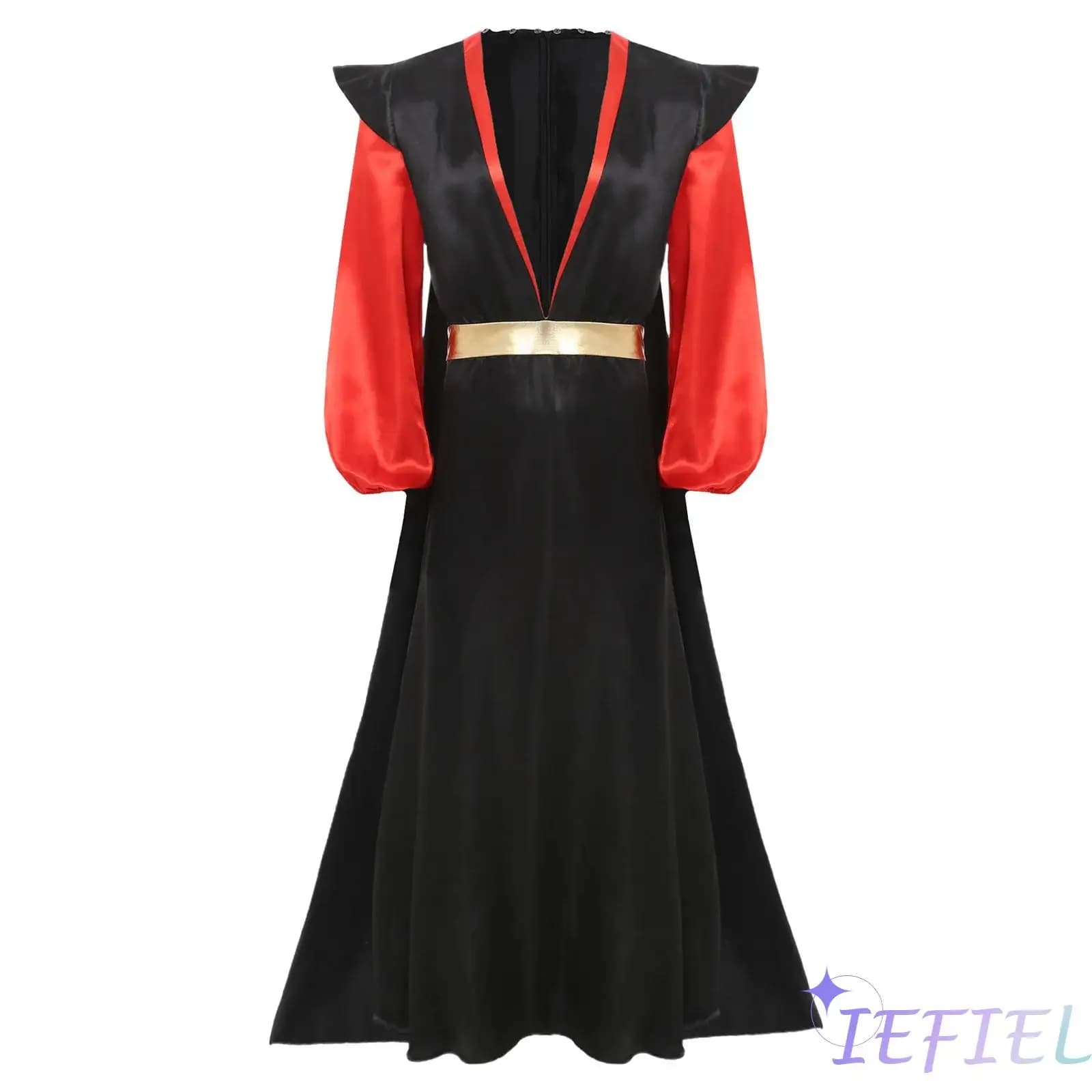 Costume cosplay da uomo per feste a tema Halloween, costume cosplay del cattivo arabo, maniche lunghe a lanterna, abito con cerniera invisibile sul retro con mantello rimovibile